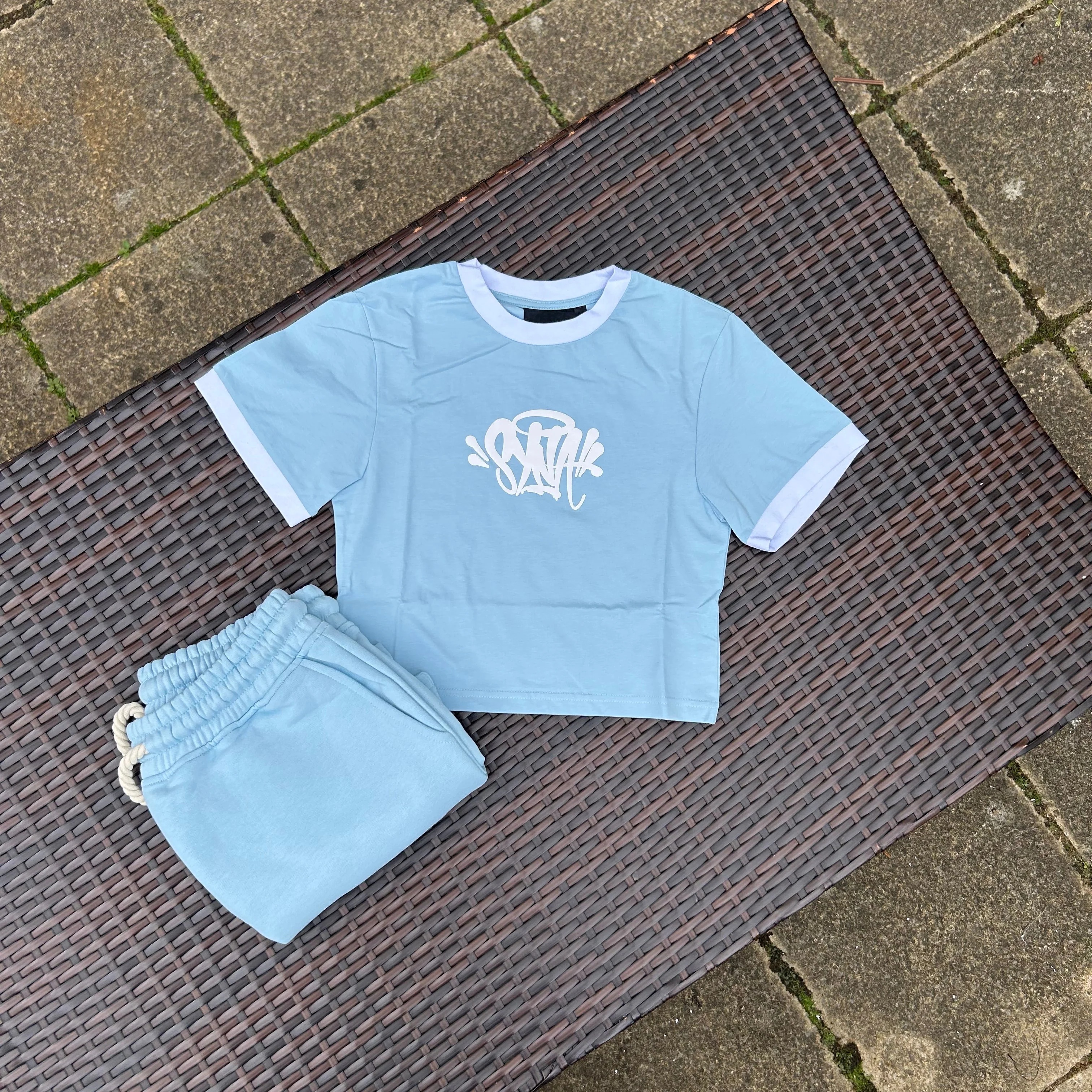 Syna World Baby Blue Logo Crop Top Shorts set