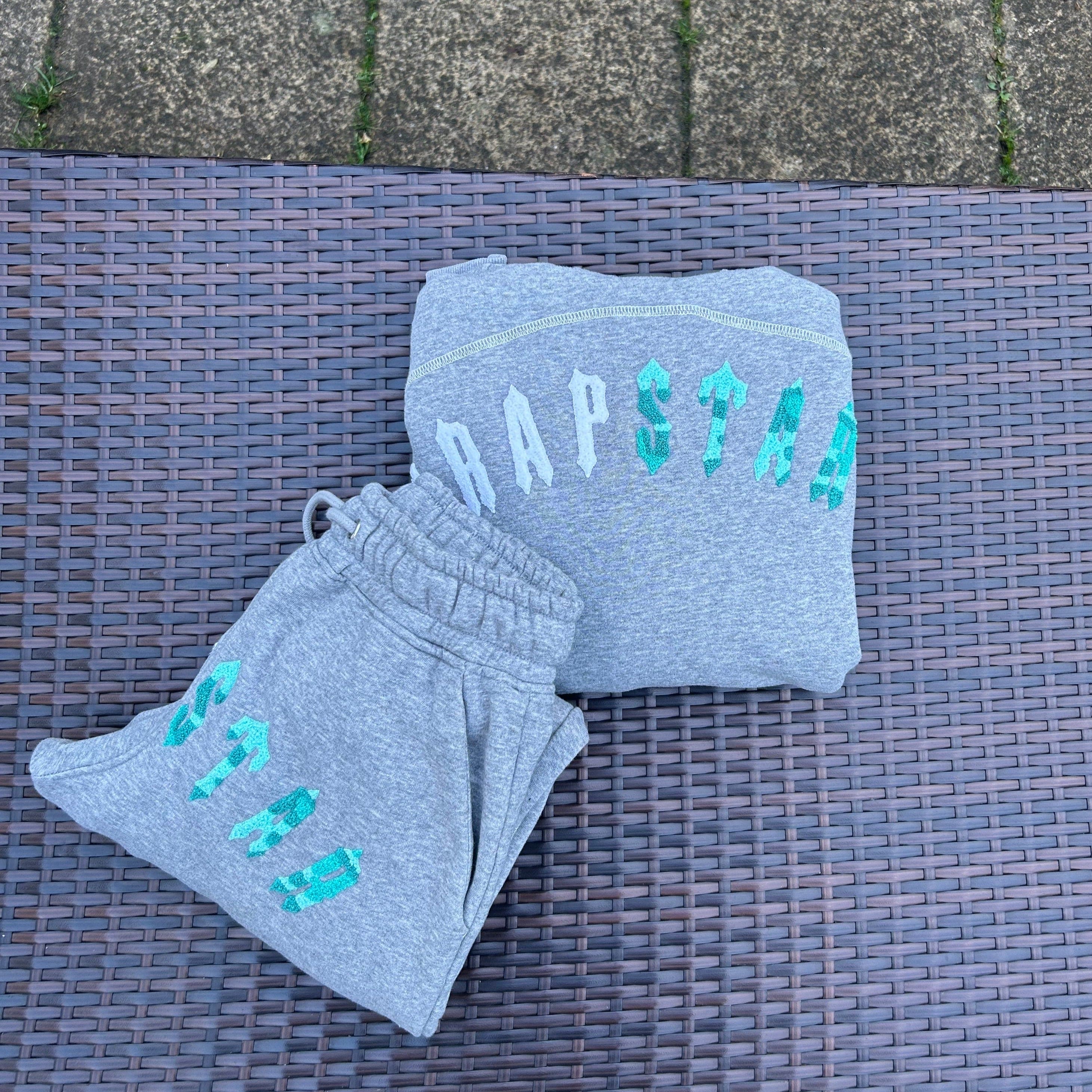 Trapstar Grey/ Sea Blue Irongate Chenille Arch Hooded Tracksuit - Image 4